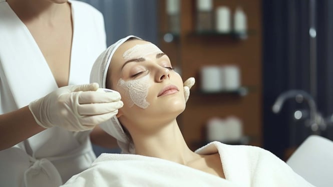 Ilustrasi scrub wajah, peeling, perawatan wajah.