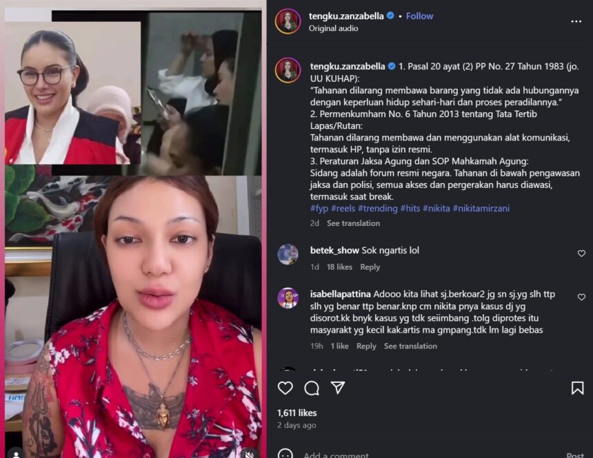 Sindiran Pedas Zanzabella untuk Nikita Mirzani yang Diduga Main HP di Sel Tahanan